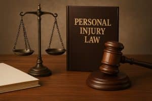Gavel, legal documents, and scales of justice representing personal injury litigation principles