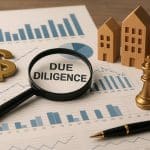 Private equity firm evaluating investment opportunities with due diligence documents and financial charts