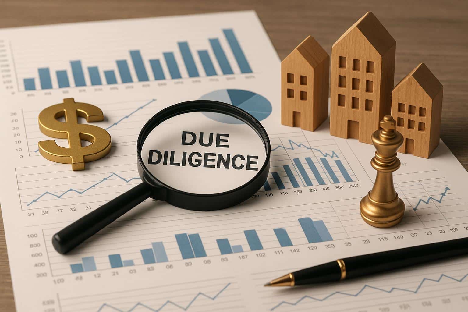 Private equity firm evaluating investment opportunities with due diligence documents and financial charts