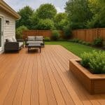 Modern wooden deck with outdoor furniture in a landscaped backyard, showcasing optimal decking layout