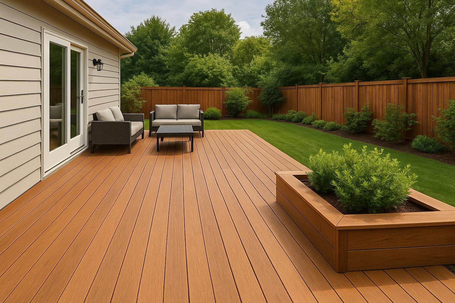 Modern wooden deck with outdoor furniture in a landscaped backyard, showcasing optimal decking layout