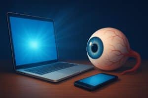 Glowing smartphone screen in dark room highlighting screen time effects on eye health