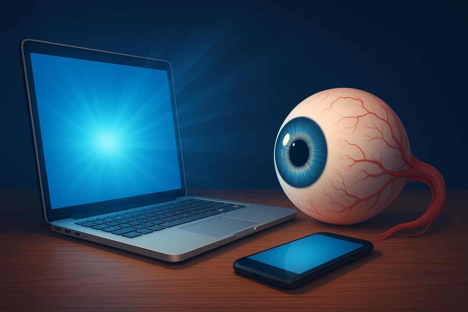 Glowing smartphone screen in dark room highlighting screen time effects on eye health