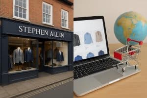 Stephen Allen Menswear store exterior showcasing transition from local shop to global e-commerce brand