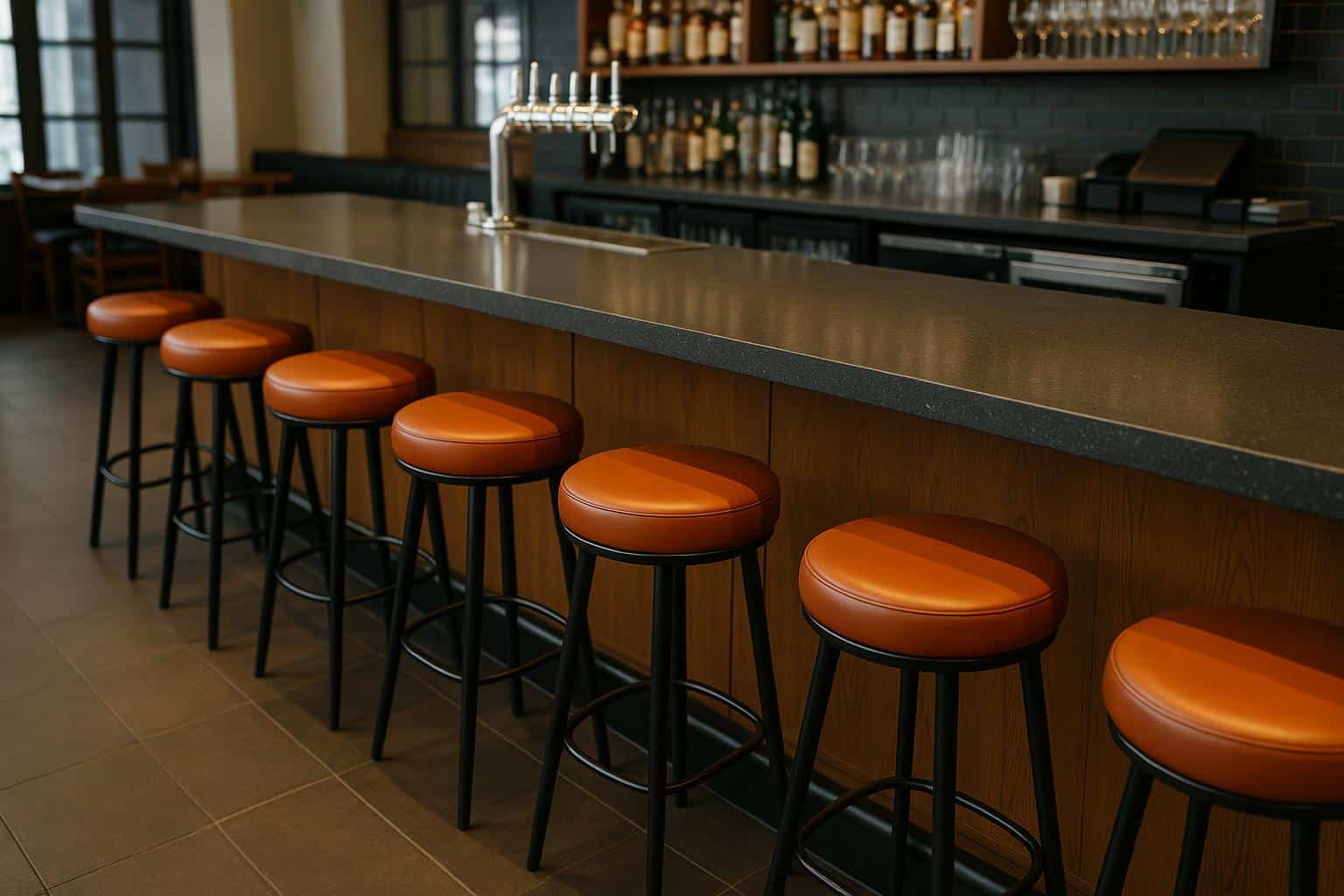 Modern restaurant interior highlighting stylish bar stools lined up along a sleek counter
