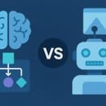 Machine learning and generative AI comparison concept with digital network and data visualization