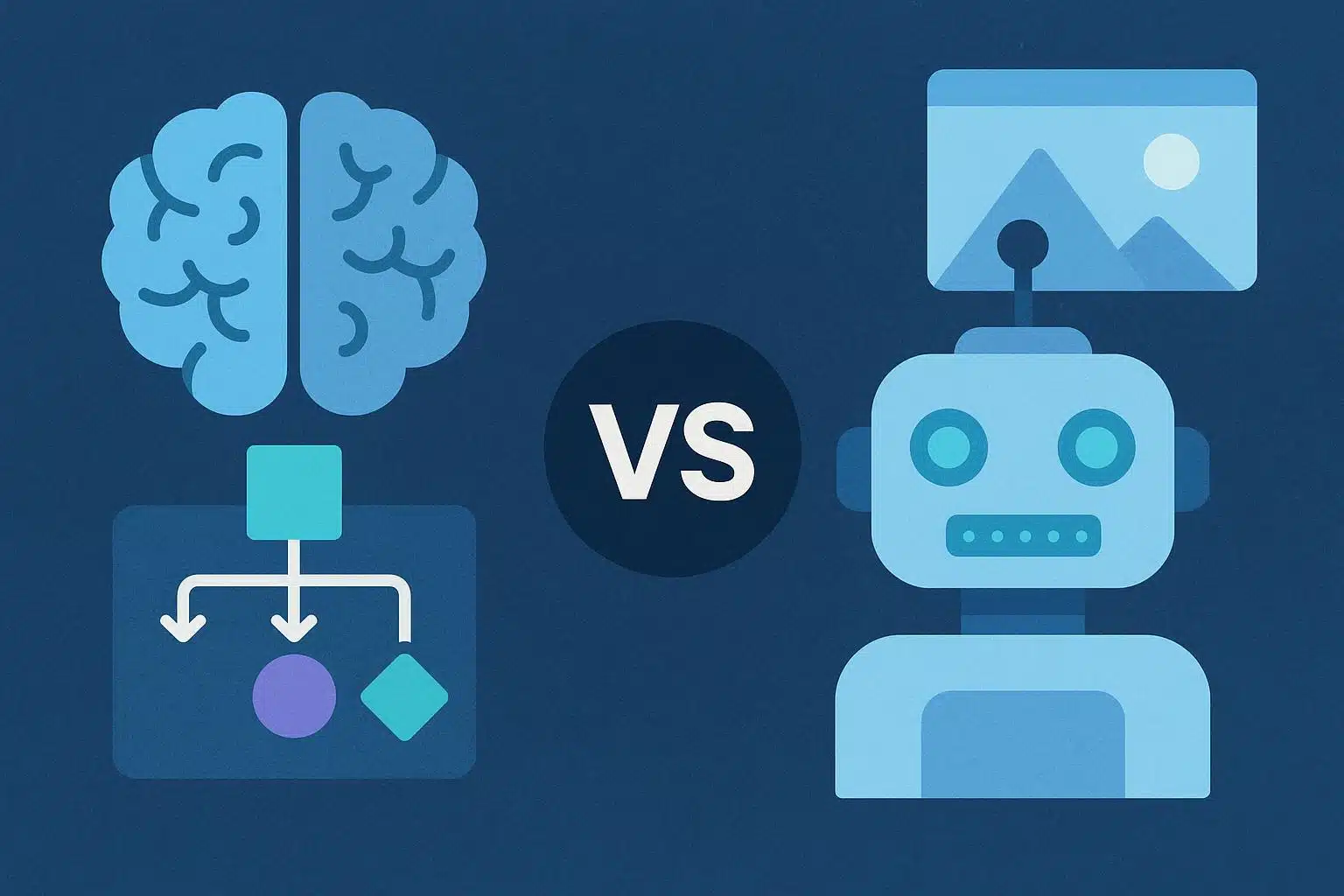 Machine learning and generative AI comparison concept with digital network and data visualization