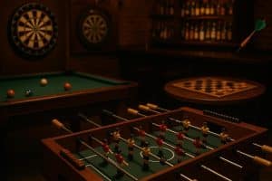 Various popular bar games including darts, pool, and foosball in a lively pub setting