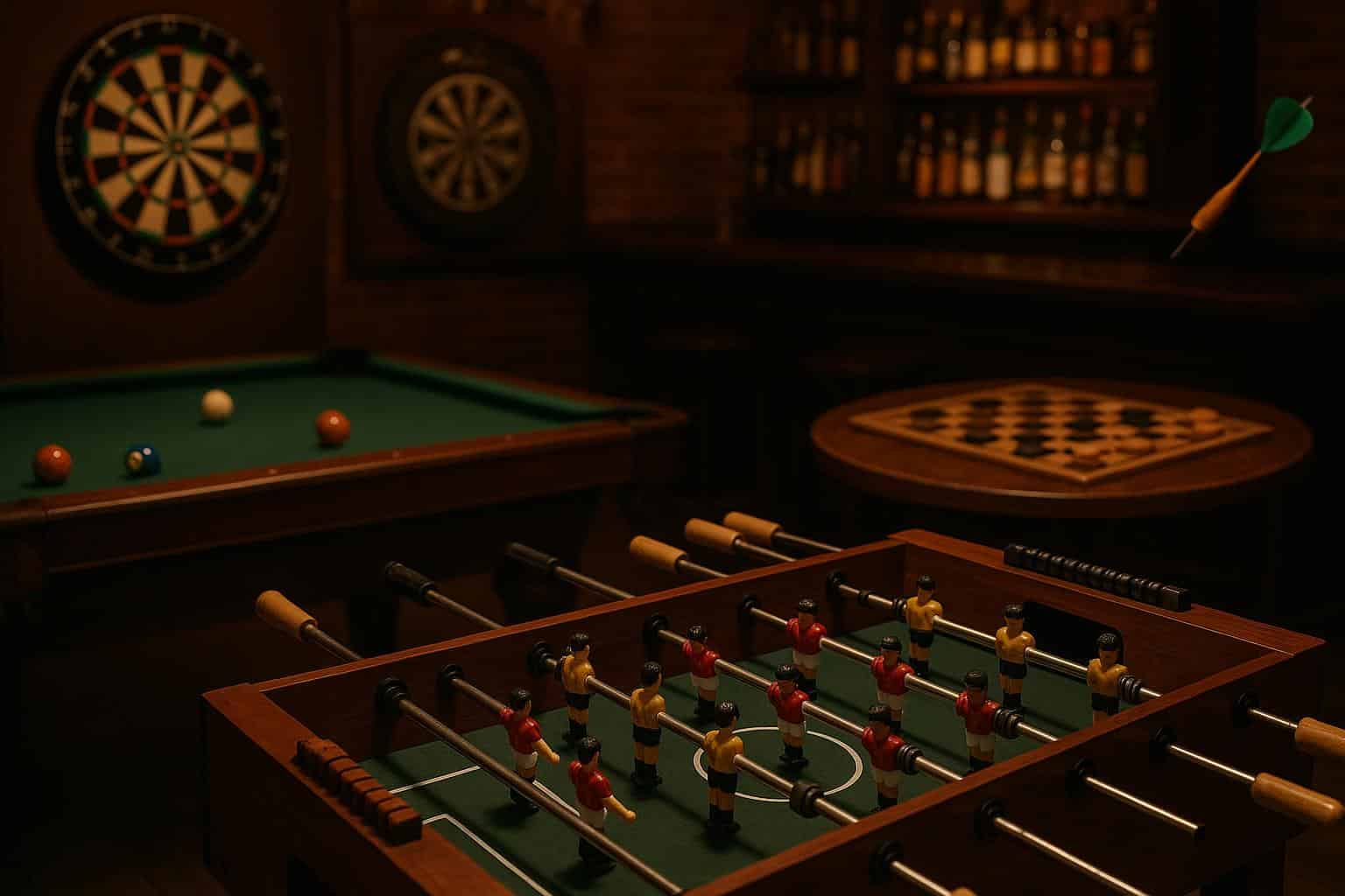 Various popular bar games including darts, pool, and foosball in a lively pub setting