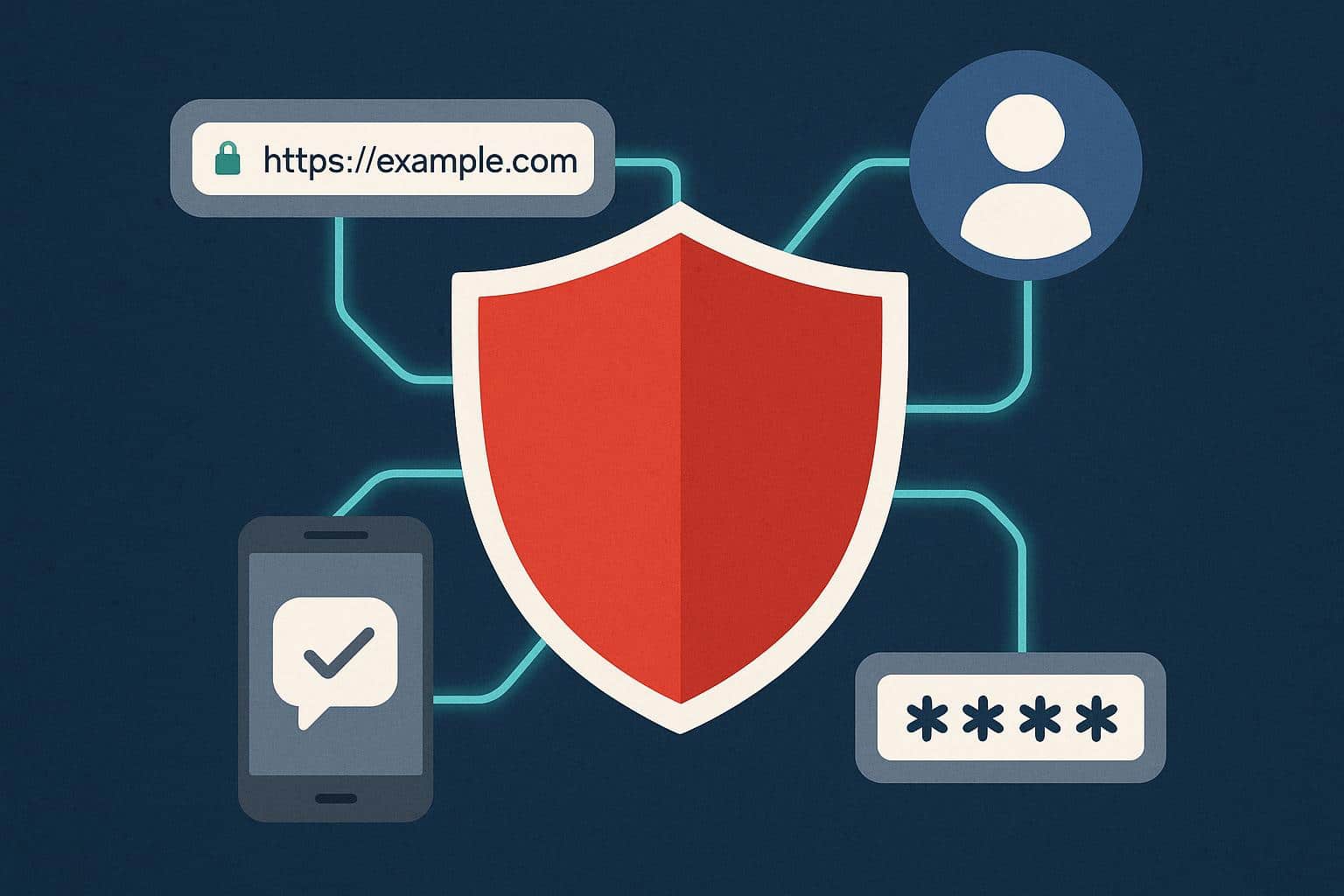 Graphic of shield protecting vanity URLs, social media icons, and mobile verification symbols