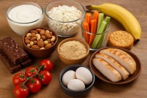 Assorted healthy snacks and macro-friendly ingredients for fitness and nutrition goals