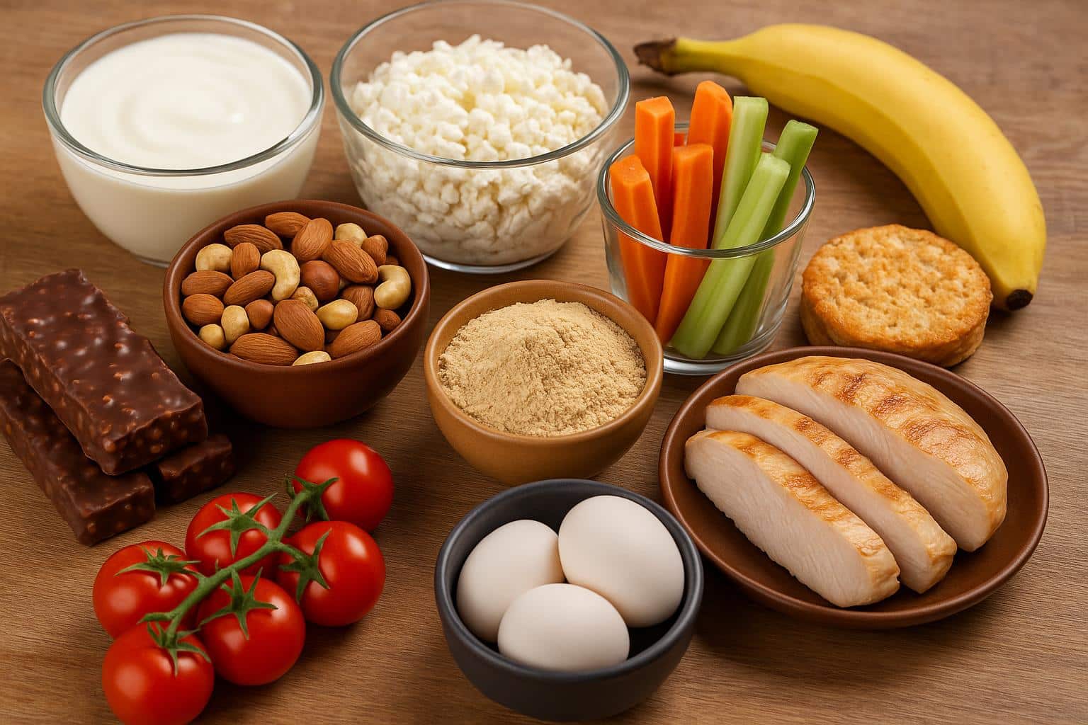 Assorted healthy snacks and macro-friendly ingredients for fitness and nutrition goals