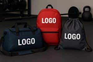 Branded custom sports bags showcasing company logos for fitness and promotional marketing