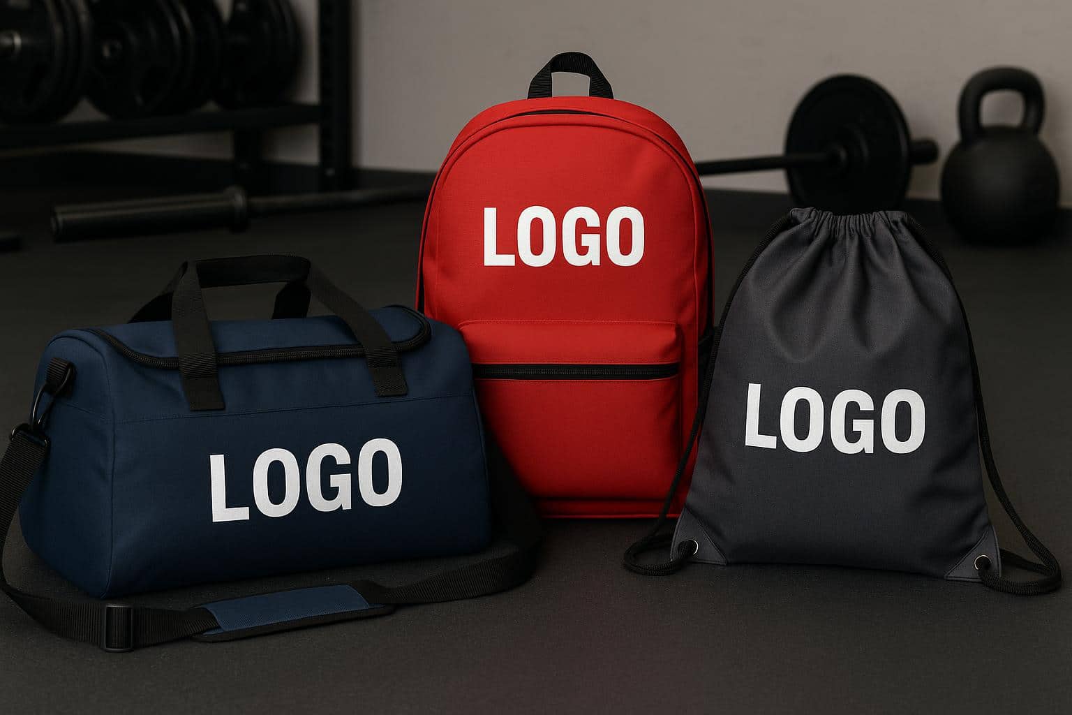 Branded custom sports bags showcasing company logos for fitness and promotional marketing