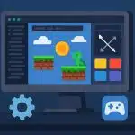 Modern game development software interface with 3D models and coding tools on a computer screen
