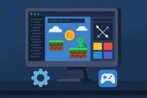 Modern game development software interface with 3D models and coding tools on a computer screen