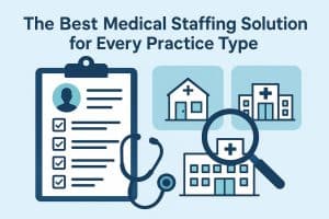Medical staffing professionals collaborating in a healthcare office for various practice types