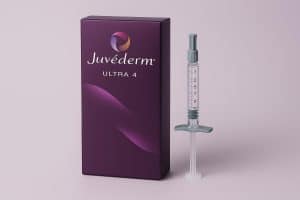 Juvederm Ultra 4 syringe and packaging displayed alongside other dermal fillers for comparison