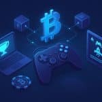 Blockchain network and digital gaming icons illustrating blockchain-based online gaming concepts