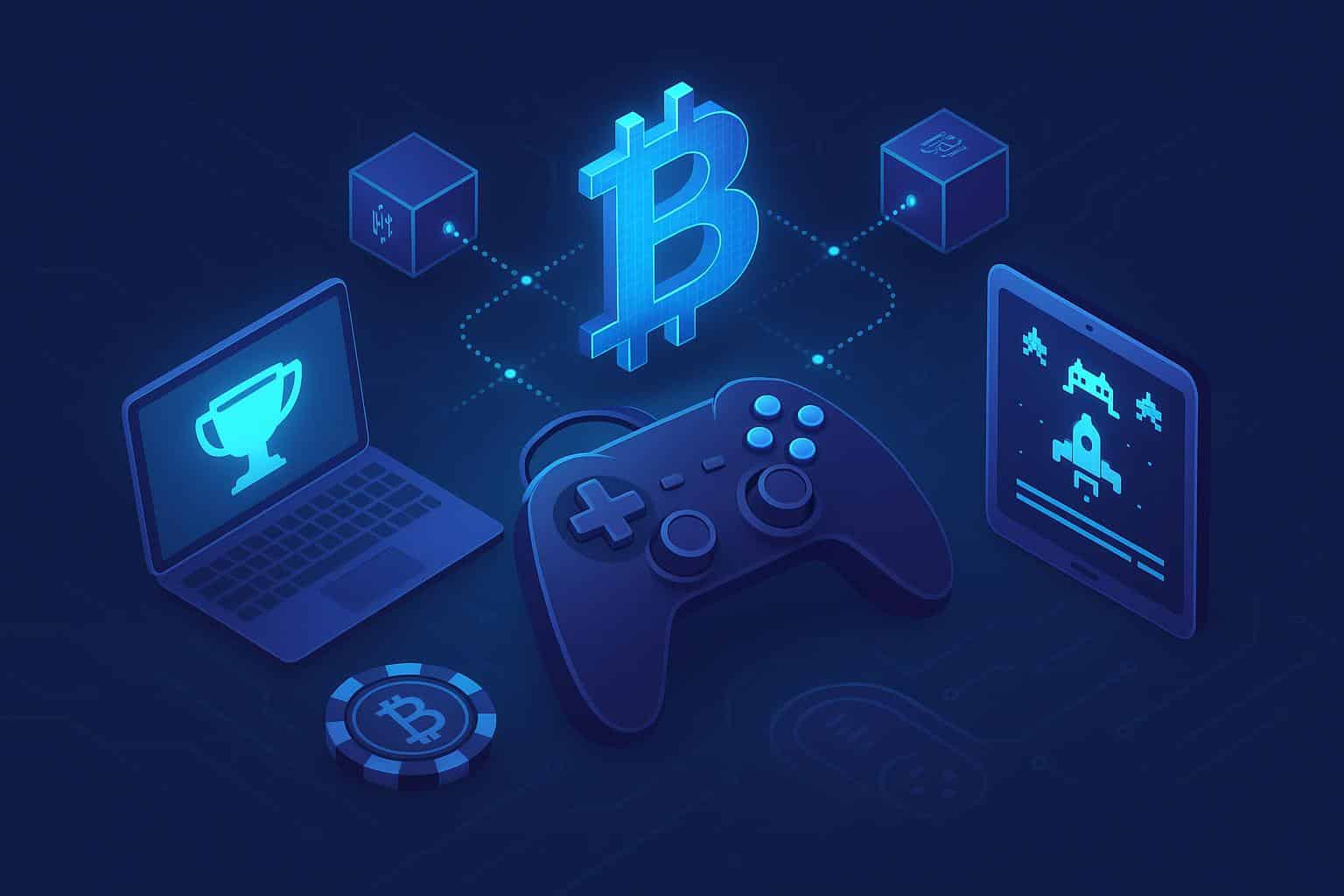 Blockchain network and digital gaming icons illustrating blockchain-based online gaming concepts