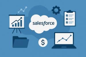 Salesforce consulting services overview with icons representing features, costs, and business solutions