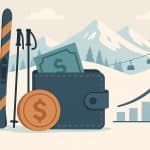Budget-friendly ski gear and lift tickets on snowy mountains during winter sports season