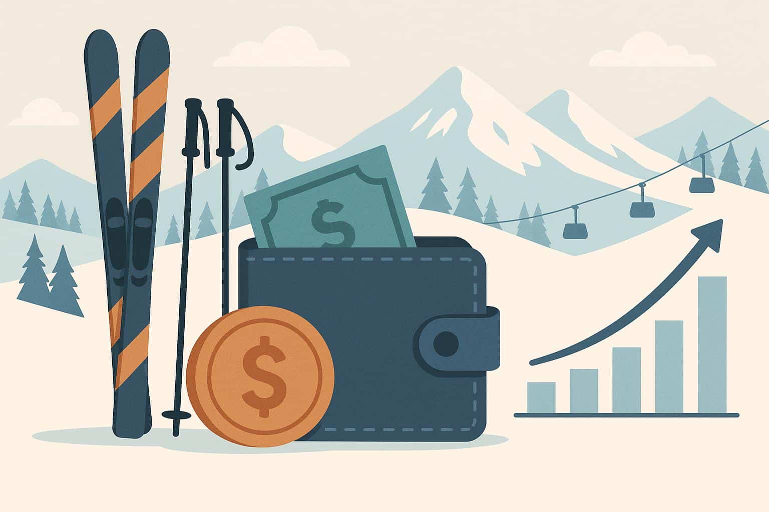 Budget-friendly ski gear and lift tickets on snowy mountains during winter sports season