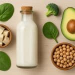 Lactic acid molecular structure surrounded by various plant-based and dairy foods