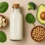 Lactic acid molecular structure surrounded by various plant-based and dairy foods