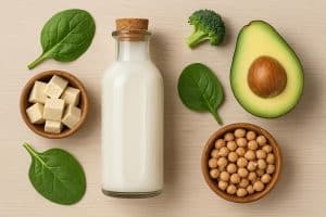 Lactic acid molecular structure surrounded by various plant-based and dairy foods