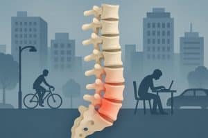 Illustration of back pain relief techniques and ergonomic solutions for modern lifestyle challenges