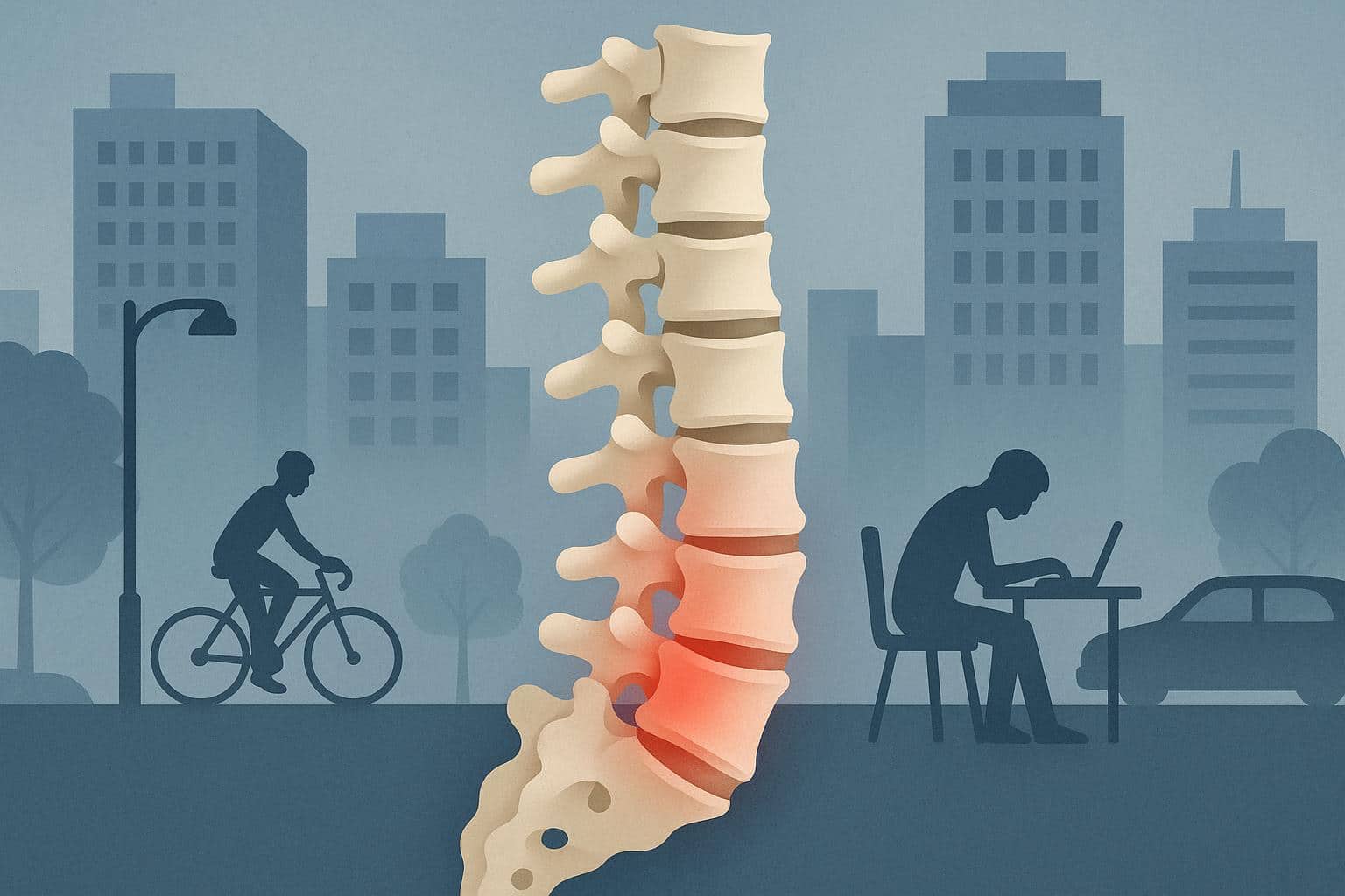 Illustration of back pain relief techniques and ergonomic solutions for modern lifestyle challenges