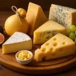 Assorted cheeses on a wooden board with grapes and crackers for a beginner’s cheese guide