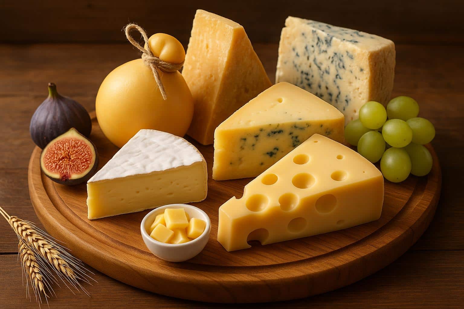 Assorted cheeses on a wooden board with grapes and crackers for a beginner’s cheese guide