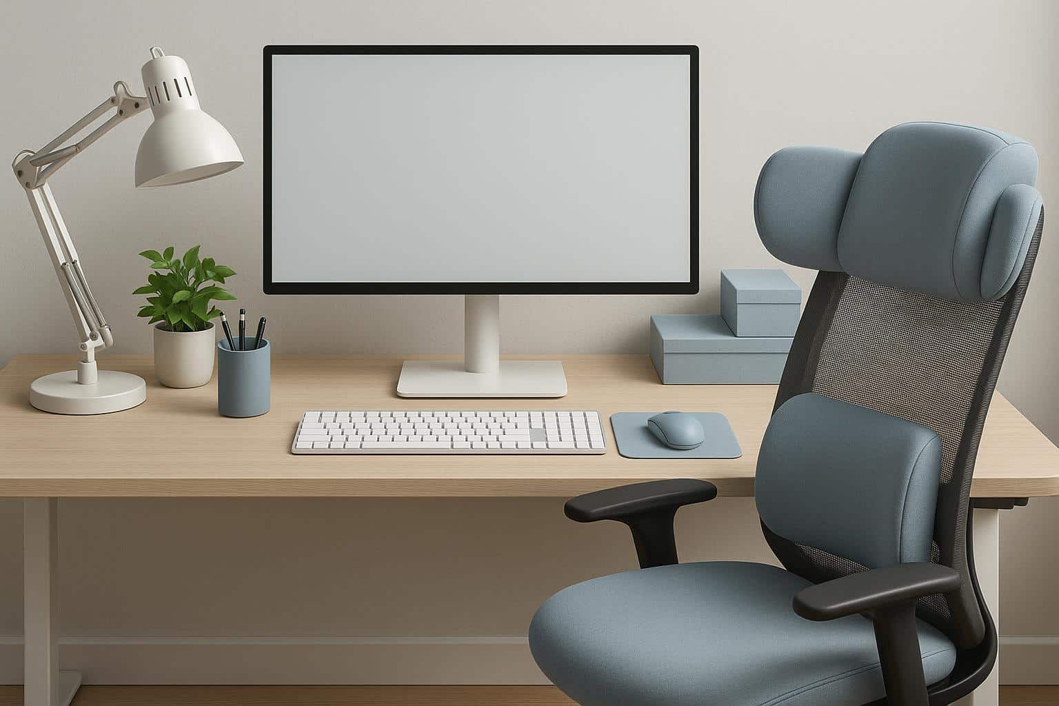 Ergonomic office desk setup with adjustable chair, monitor riser, and keyboard tray