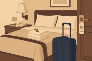 Neatly made hotel bed with fresh towels and welcome note, emphasizing thoughtful guest service