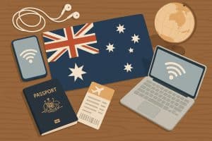 Australian landmarks and digital devices symbolizing staying connected while abroad