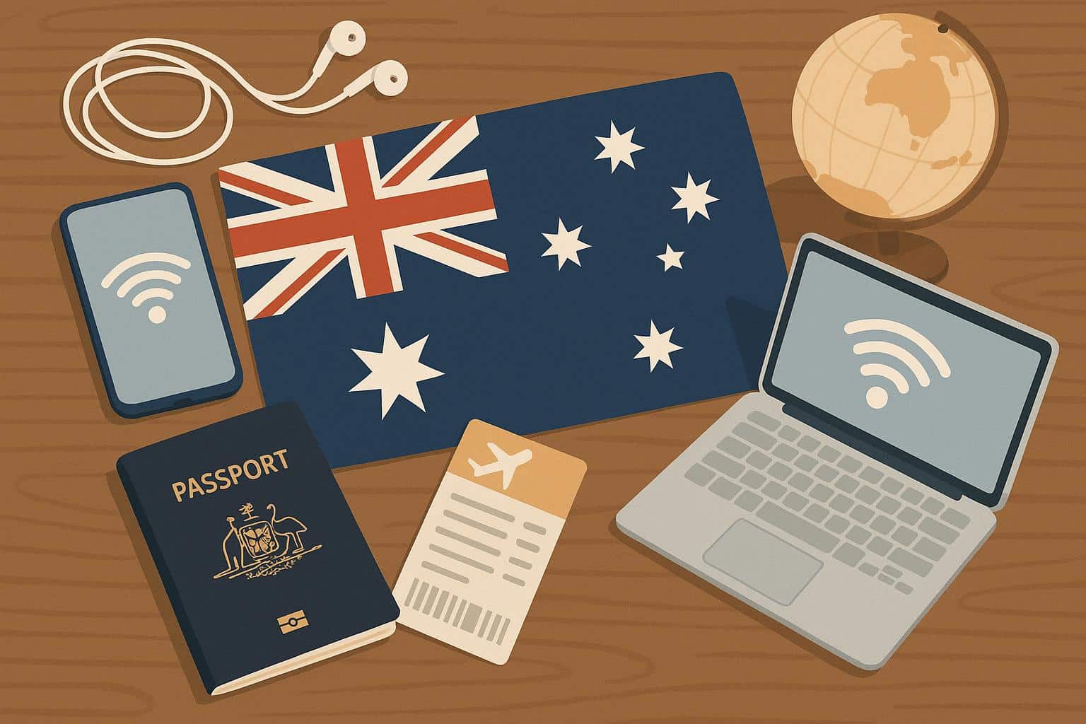 Australian landmarks and digital devices symbolizing staying connected while abroad