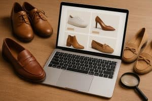 Variety of stylish shoes displayed on shelves, highlighting quality footwear options for online shopping