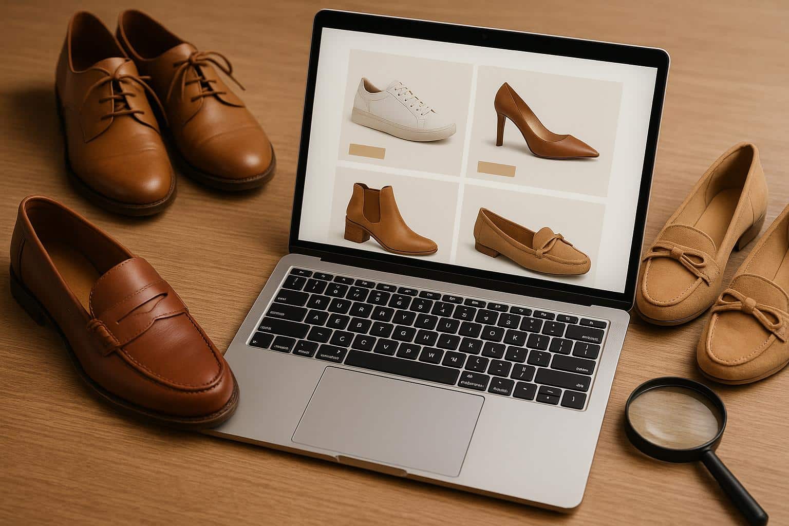 Variety of stylish shoes displayed on shelves, highlighting quality footwear options for online shopping