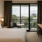 Modern hotel exterior in Melbourne's North with welcoming entrance and urban surroundings