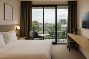 Modern hotel exterior in Melbourne's North with welcoming entrance and urban surroundings