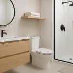 Modern, space-saving bathroom with smart storage solutions and efficient layout for small spaces