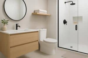 Modern, space-saving bathroom with smart storage solutions and efficient layout for small spaces