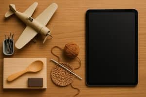 Colorful craft supplies and woodworking tools representing hands-on hobbies amidst digital devices