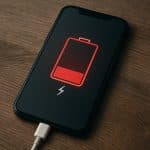 Smartphone with low battery icon and charging cable illustrating phone battery drain issues