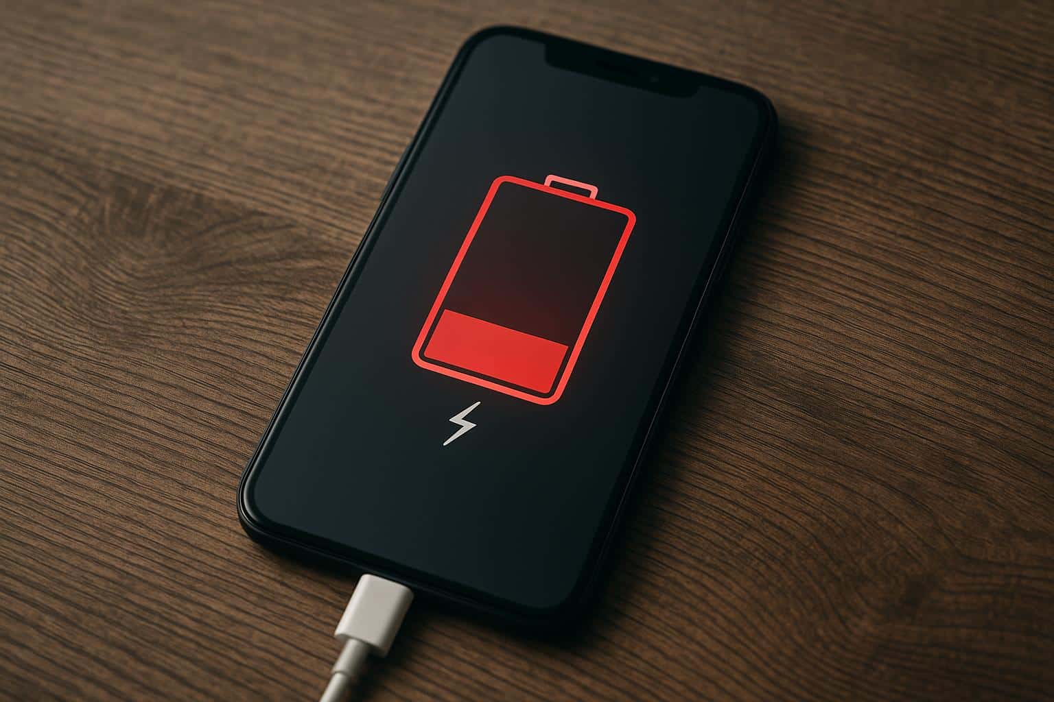 Smartphone with low battery icon and charging cable illustrating phone battery drain issues