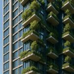 Skyscraper interiors showcasing innovative vertical gardens and multi-level living spaces