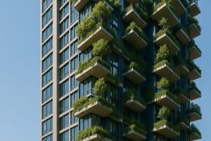 Skyscraper interiors showcasing innovative vertical gardens and multi-level living spaces