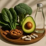Assortment of natural trace mineral supplements and nutrient-rich foods for wellness promotion